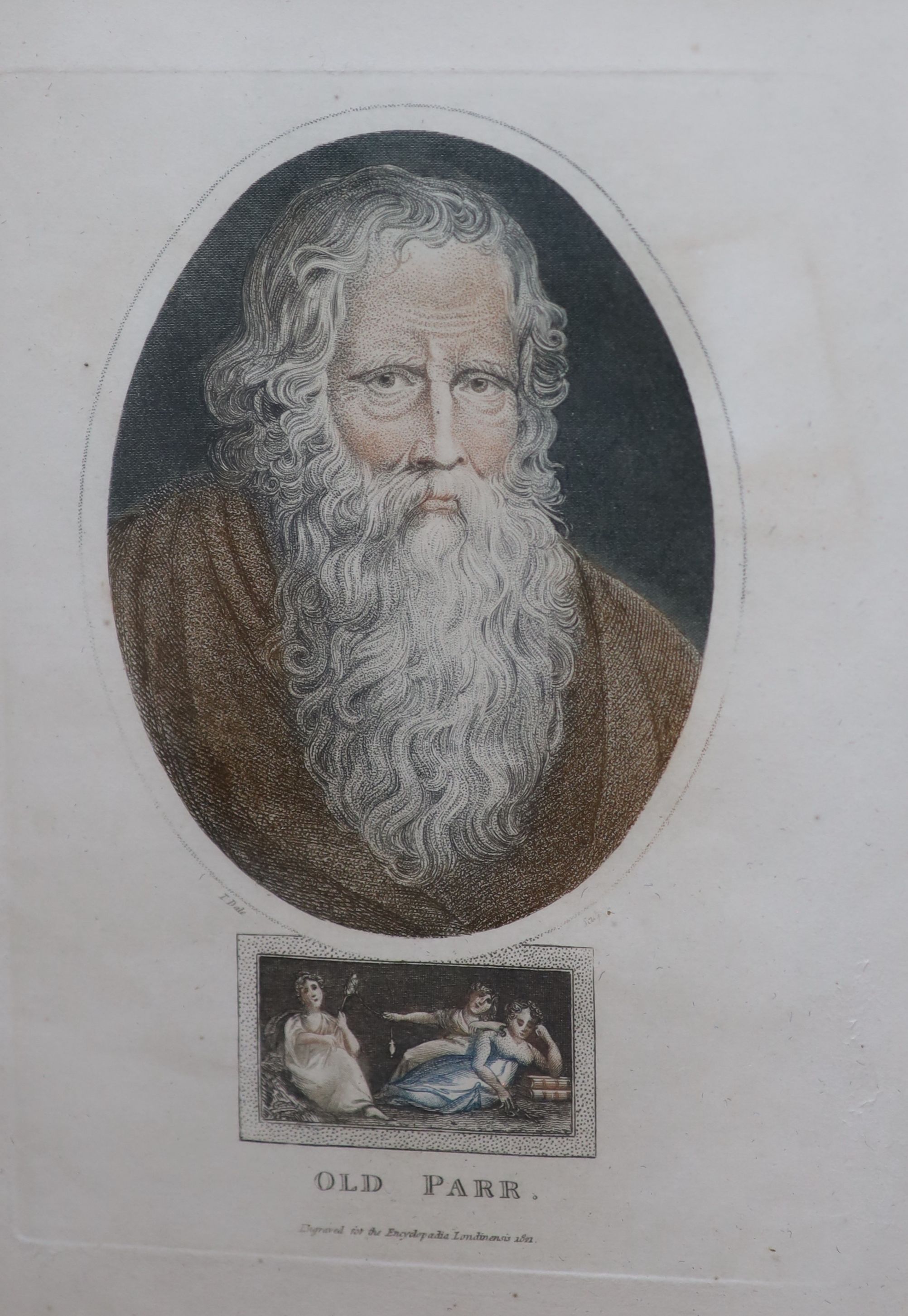 A 19th century coloured engraving 'Old Parr', 20 x 14cm and three other pictures